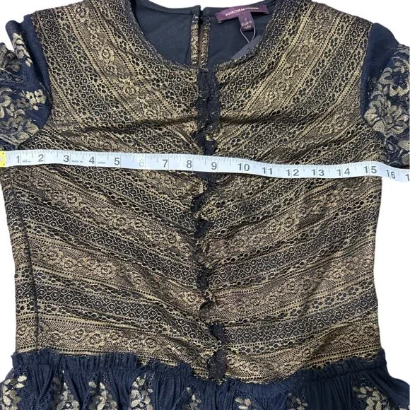 Marchesa Voyage Top Blouse Lace Short Sleeve Black Gold Whimsygoth Size 2 NEW - Picture 5 of 8
